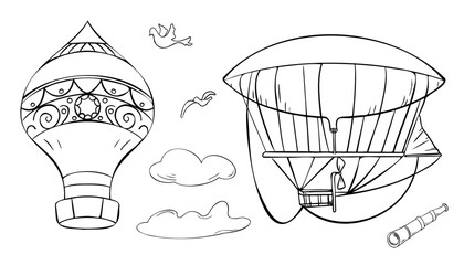 Set of airships early aviation black white contour vector illustration isolated. Dirigible ink outline hand drawn. Spyglass and bird, clouds graphic line art drawn . Retro hot air balloons coloring