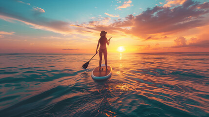 Fototapeta premium Stand up paddle boarding or standup paddleboarding on quiet sea at sunset with beautiful colors during warm summer beach vacation holiday, active woman, close-up of water surface, legs and board. 