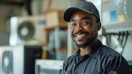 young Caucasian electrician in uniform with tool in customer's house repairing or installing electrical equipment