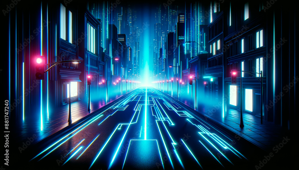 Aufkleber A cyberpunk cityscape with neon lights and futuristic architecture on a dark background, embodying a digital metropolis concept. Generative AI