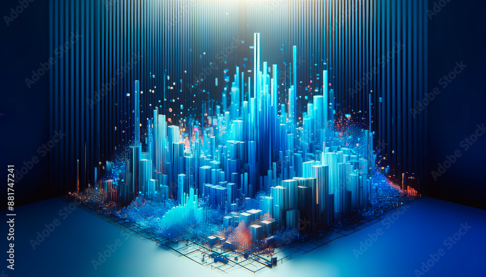 Poster abstract futuristic cityscape with glowing elements on a dark background, concept of data visualizat