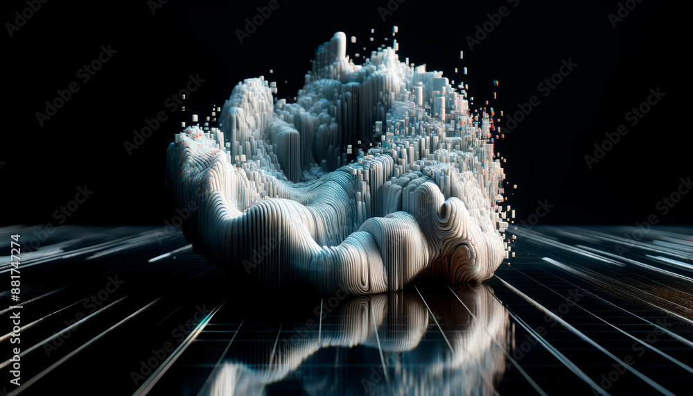Poster abstract digital landscape on a reflective surface against a dark background, embodying a futuristic