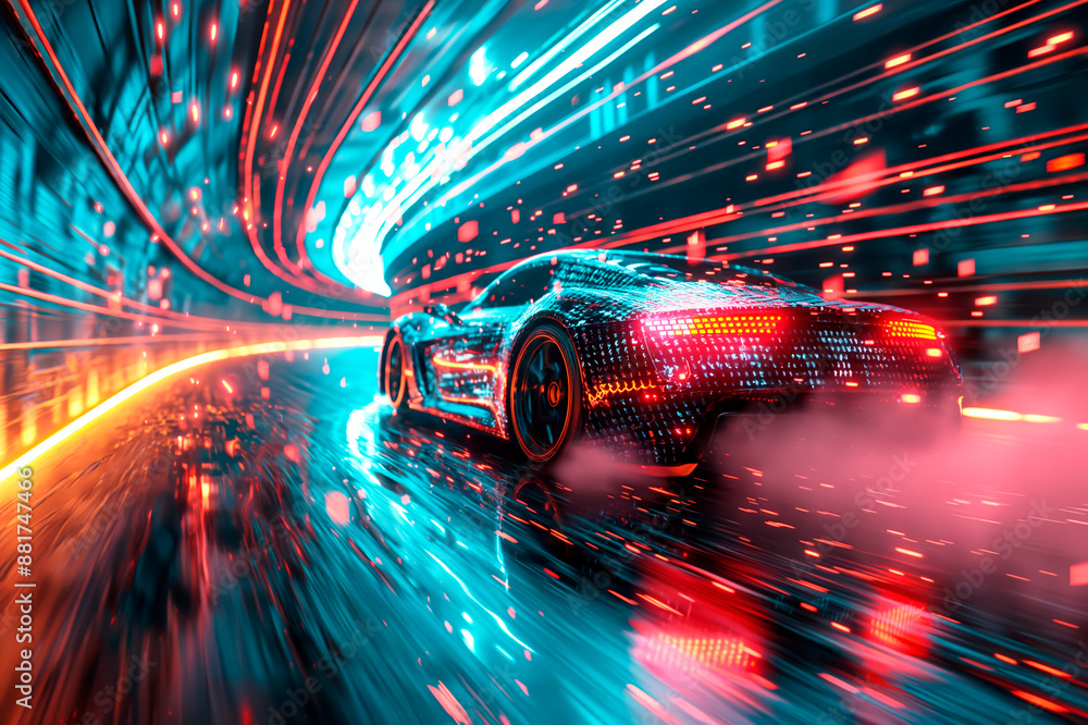 Poster a futuristic car speeding through a neon-lit tunnel, digital art style, with a dynamic light-streake
