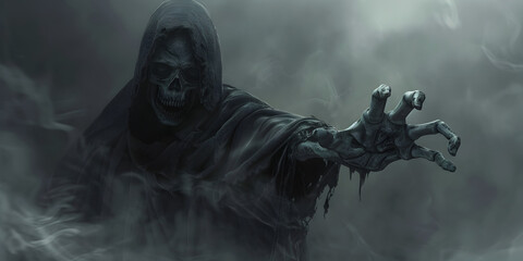  Chilling Grim Reaper Reaching Through Smoke  Dark Halloween Night with Eerie Mist and Haunting Atmosphere 