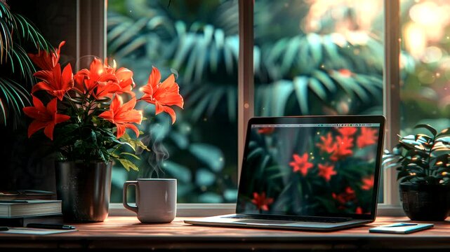 Laptop with flowers on wooden desk in sunlit home office. Nature and work concept