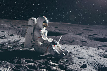 Naklejka premium A person is sitting on the moon and using a laptop computer, representing technology and solitude in outer space.