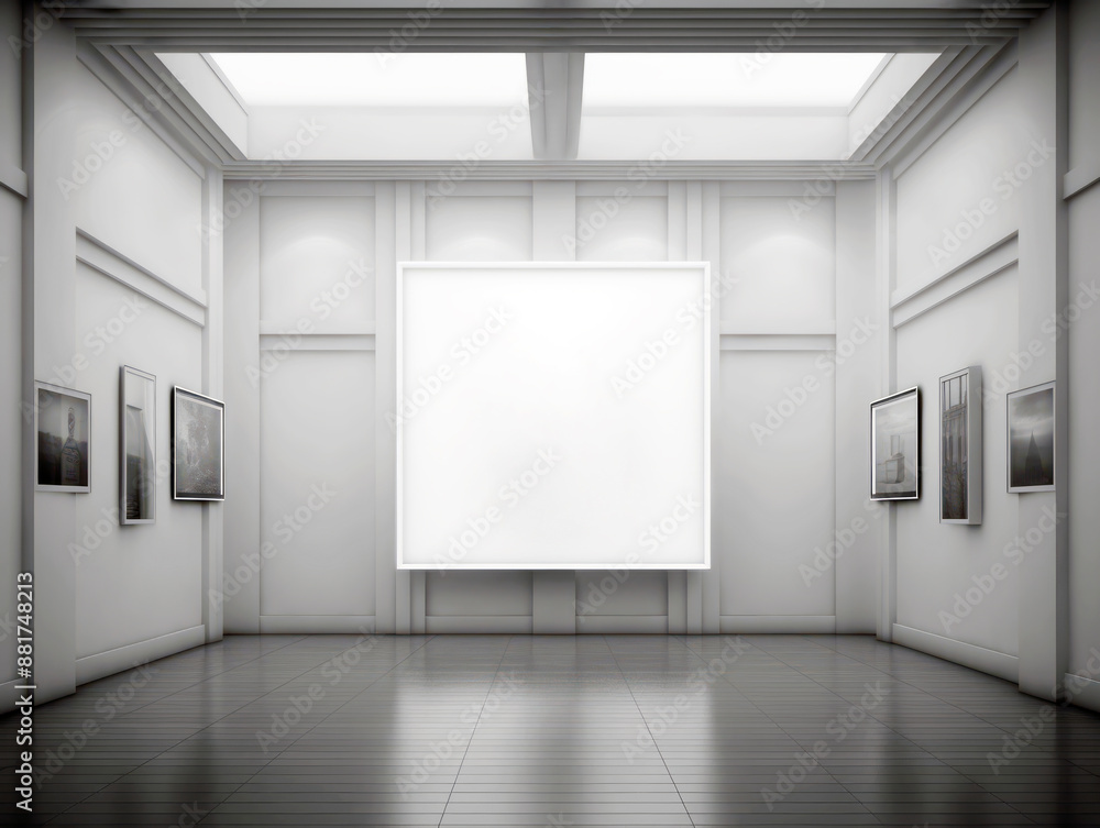 Aufkleber an empty gallery room with framed pictures and a large blank billboard, realist style, white and gra