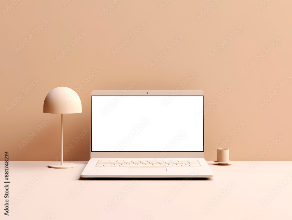 Poster a laptop mockup on a desk with a lamp and a cup, on a beige background, concept of workspace. genera