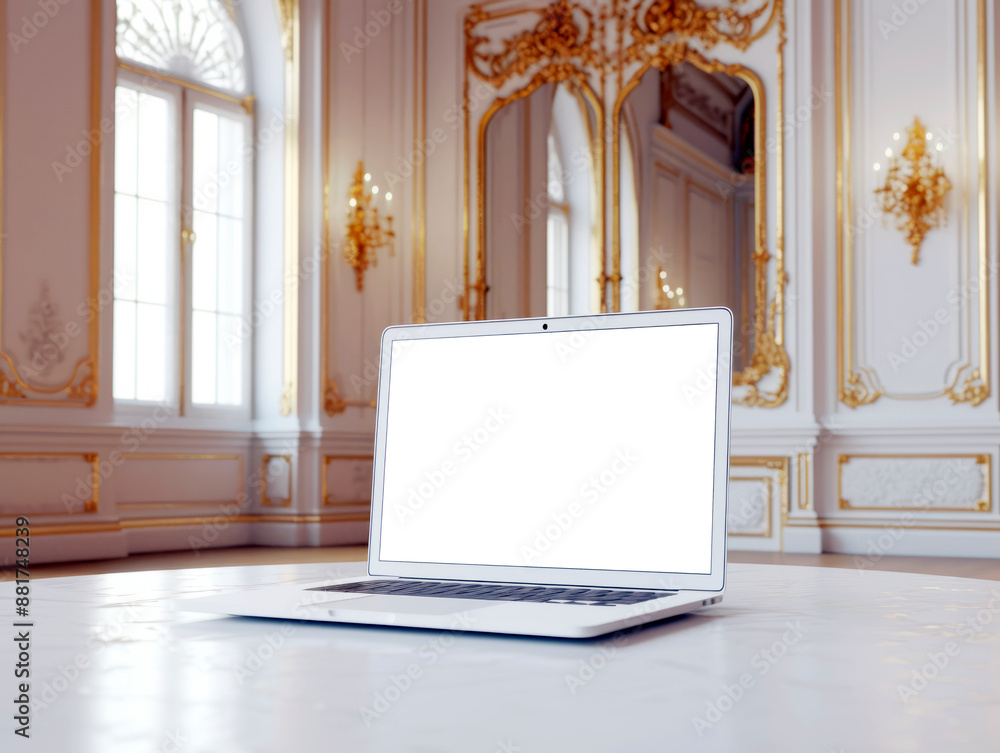 Aufkleber An open laptop with a blank screen on a table in a luxurious room with ornate decor, exemplifying a mockup concept in a bright setting. Generative AI