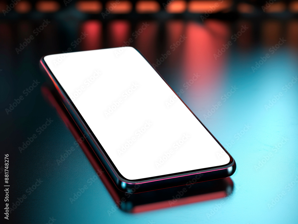 Poster an angled smartphone with a blank screen, photo-realistic style, on a reflective blue and red backgr