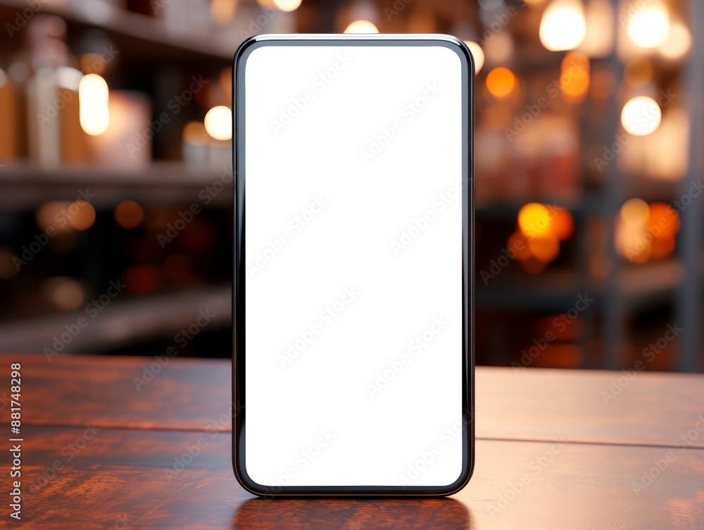 Poster smartphone mockup on a wooden table with a blurred background, highlighting design presentation. gen