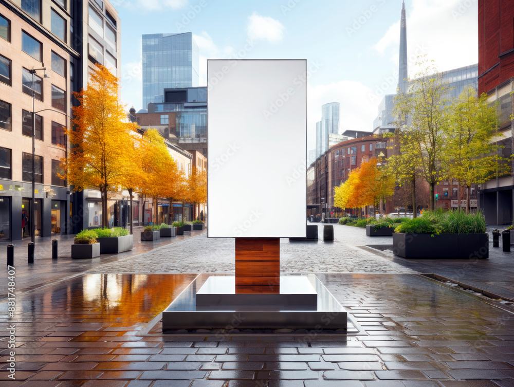 Poster An outdoor billboard mockup in an urban setting with wet pavement and autumn trees, ready for branding display. Generative AI