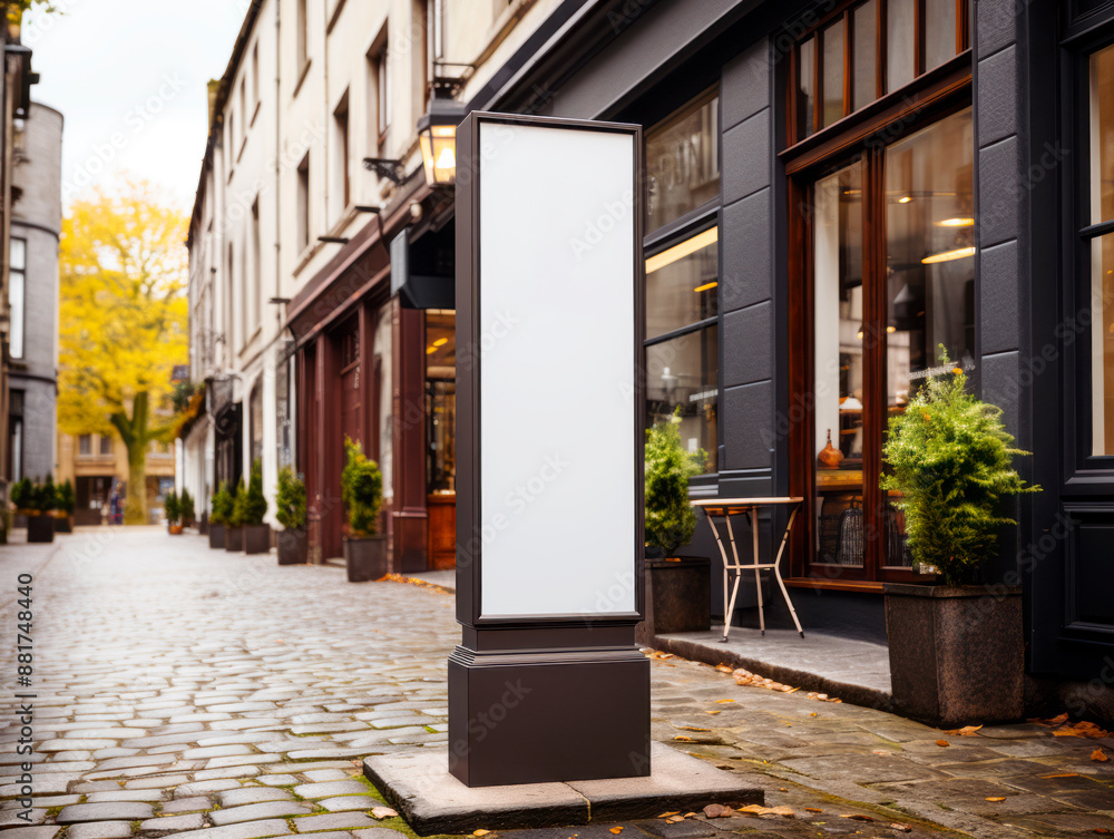 Aufkleber an empty advertising billboard on a city street, ready for branding mockup, on a cobbled sidewalk wi