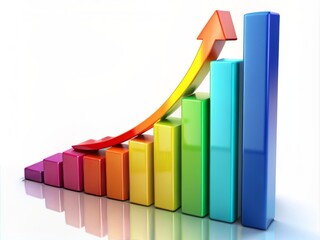 A colorful 3D bar graph chart illustrates soaring progress, with a prominent arrow pointing upwards, symbolizing significant growth and success in business or finance.