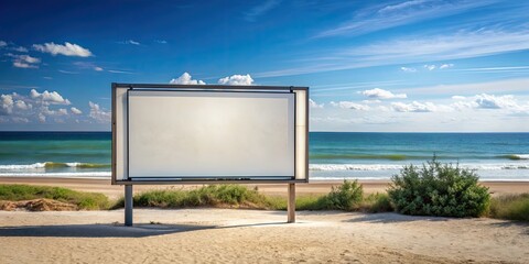 High-definition render of a minimalist beachside billboard, perfect for summer advertisements , beach, billboard
