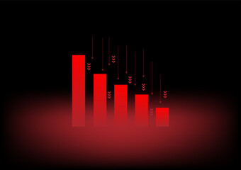 Red arrow graph drop arrow down with bar graph on red background. Money losing. Stock crisis and finance concept.