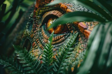 Fototapeta premium close up of a predator dinosaur eye hide in green leaves jungle blurred background