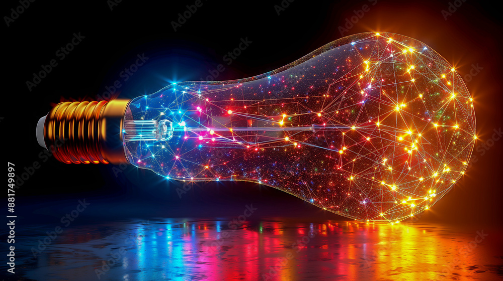 Poster vibrant light bulb with multicolored network pattern
