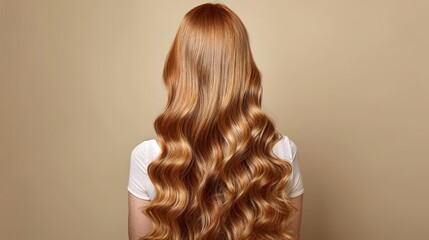 Naklejka premium Closeup view of a bunch of shiny curls red hair,Portrait of a beautiful girl with luxurious curly long red hair,Back view,Fashion, beauty and makeup portrait,copy space.