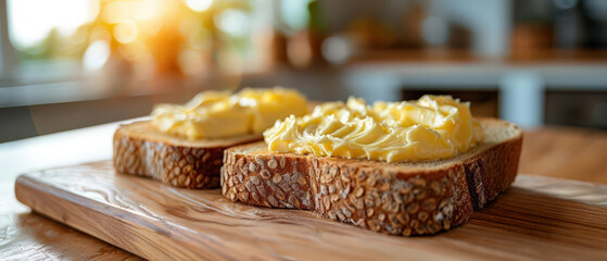 Close-up of two slices of bread with butter on a wooden board in a cozy kitchen with sunlight streaming in.