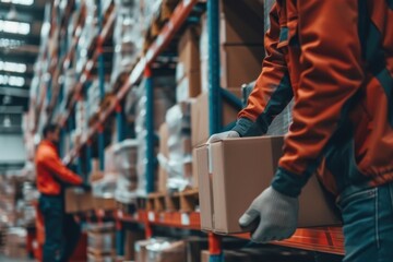 Fototapeta premium Close up warehouse workers preparing a shipment in a large warehouse, Warehouse worker concept