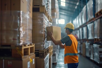 Close up warehouse workers preparing a shipment in a large warehouse, Warehouse worker concept