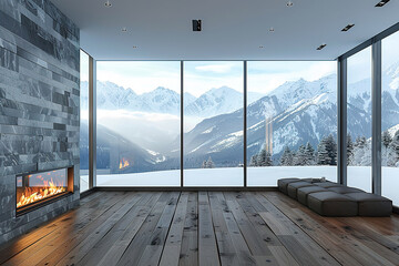 Contemporary Empty Home with Wide Open Snowy Mountain View. Spacious Home Design. Empty modern home interior with panoramic windows, wooden floor, and fireplace, overlooking snowy mountains