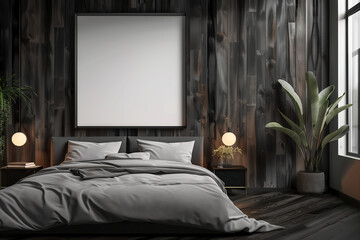 Cozy modern bedroom with gray bedding and plants