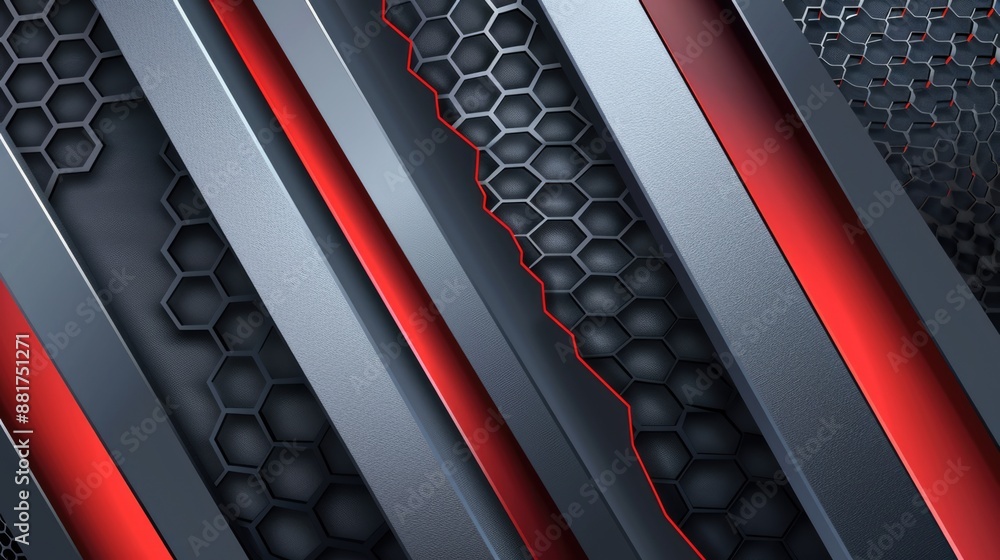 Poster background design in grey black and red with hexagonal pattern