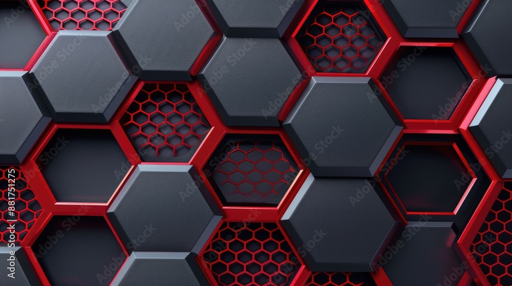 Poster background design in grey black and red with hexagonal pattern
