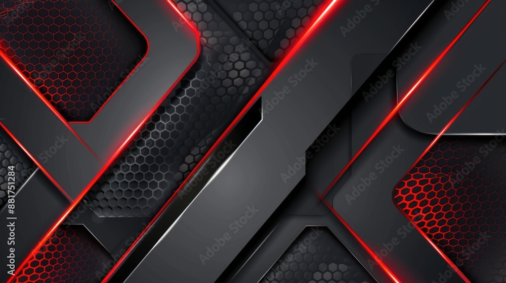 Poster background design in grey black and red with hexagonal pattern