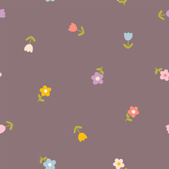 Floral pattern seamless meadow flowers in simple hand drawn cartoon Scandinavian style pastel palette. Childish cute simple minimalistic dark background. For nursery, fabric, baby clothes, wallpaper. © Svitlana Kharchuk