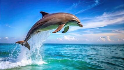 Fototapeta premium Dolphin gracefully leaping out of the water, ocean, marine life, wild, wildlife, playful, intelligent, aquatic, mammal, flipper