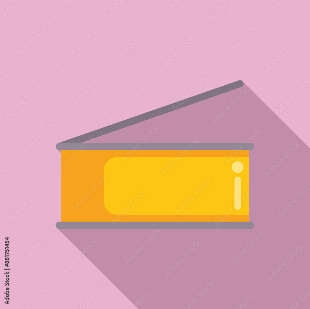 Poster opened empty tin can with key on top flat design icon with long shadow on pink background