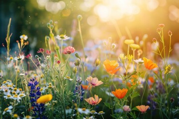 Colorful wildflowers blooming in a meadow on a sunny day. Beautiful summer meadow in soft light