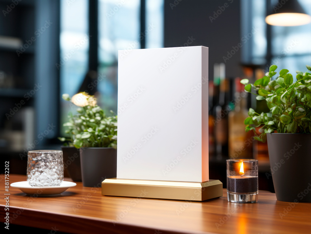 Poster blank menu mockup on a stand with a lit candle and a glass in a cafe interior, branding identity con