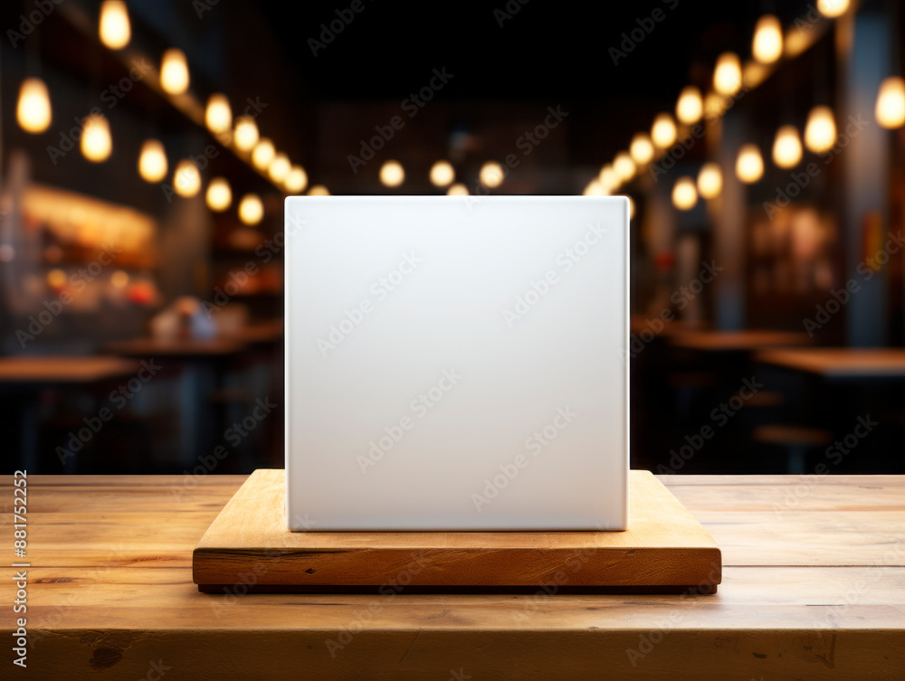 Poster A blank square canvas on a wooden table with a blurred restaurant background, for branding and design mockup. Generative AI