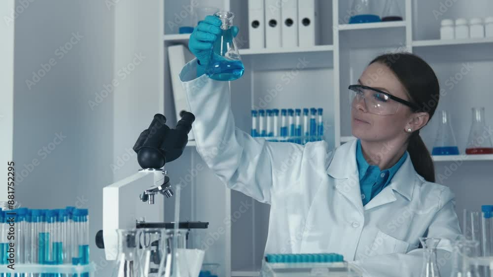 Poster a young female researcher focuses on her research, studying samples and analyzing data to find new s