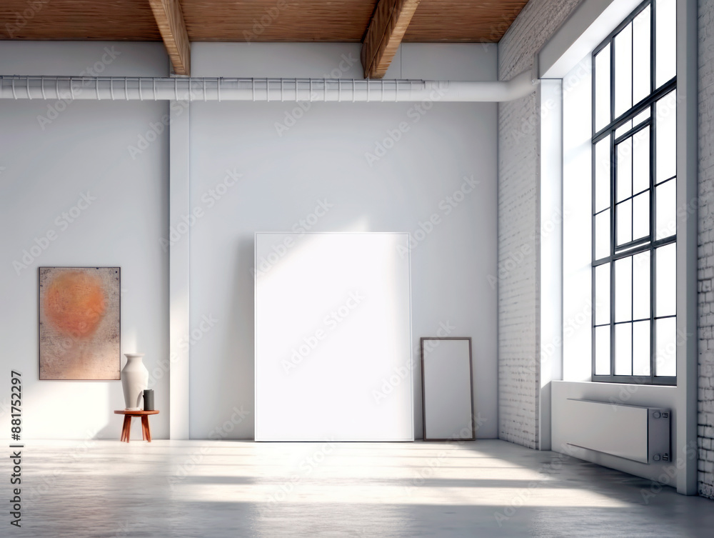 Aufkleber an interior scene with blank canvases for mockups, a spacious loft design with ample lighting. gener