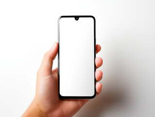 Hand holding a smartphone with blank screen, simple white background, concept of mockup. Generative AI