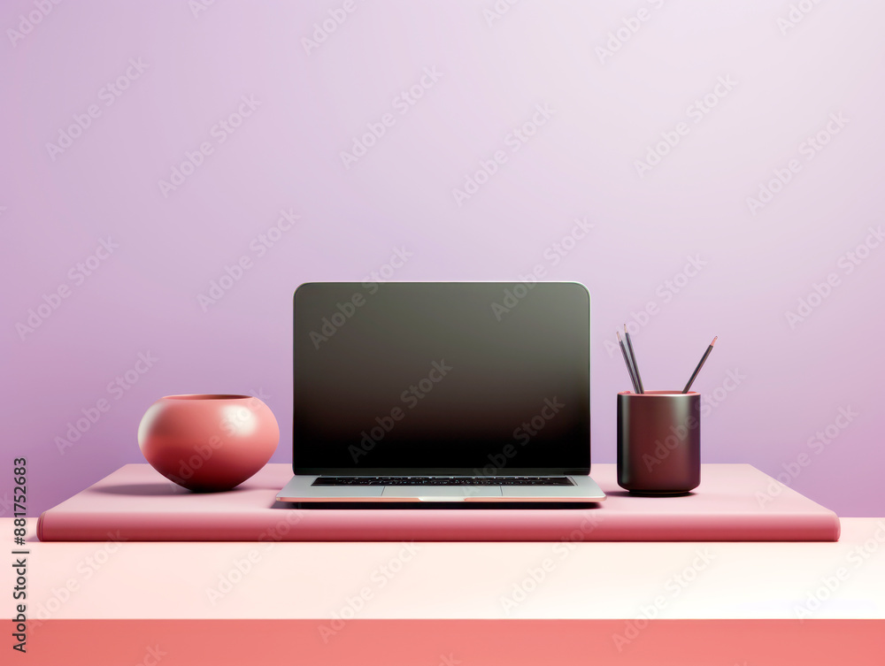 Poster laptop mockup with a vase and pencil holder on colored background, concept of workspace design. gene
