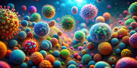High resolution render of a colorful microorganism with intricate details and bokeh effects in background, pandemic