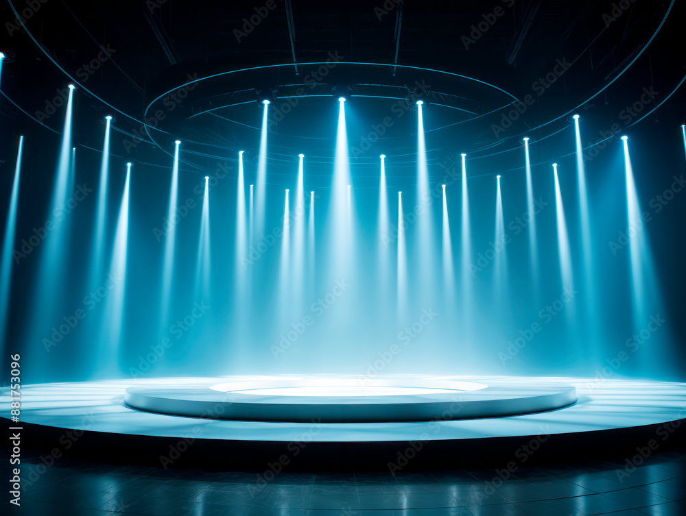Poster stage with vibrant blue lights and a minimalistic design, set against a dark background, depicting t
