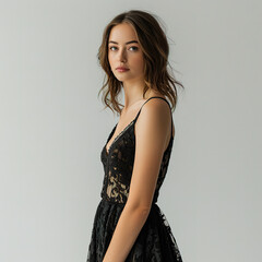Fototapeta premium a woman in black dress with lace on plain white background, with empty copy space,