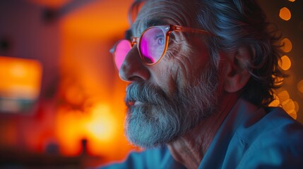 Obraz premium Senior Man Reflecting with Pink Glasses. Close-up of a senior man with a thoughtful expression, wearing pink glasses and looking into the distance in a warmly lit room.