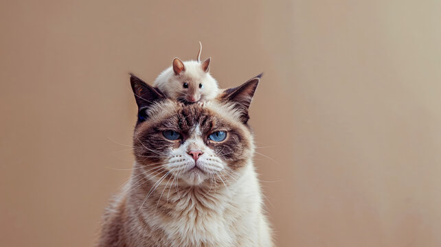un chat grognon, mauvais chasseur, avec une souris sur la t&ecirc;te - fond uni beige