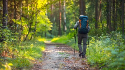 Obraz premium Lone hiker with backpack walking on forest trail for outdoor adventure gear and travel promotions