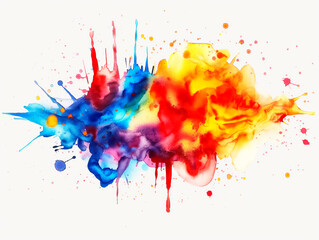 Naklejka premium A vibrant splash of watercolors in red, yellow, and blue hues on a white background, embodying a creative concept. Generative AI