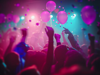 Fototapeta premium A vibrant party scene with people and balloons, colorful lights, on a blurry background, concept of celebration. Generative AI