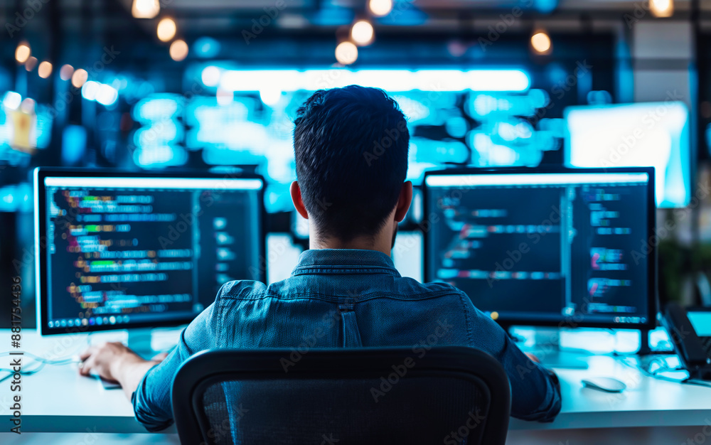 Aufkleber A programmer working at a multi-monitor setup, focused on code, in a high-tech office environment, illustrating the concept of software development. Generative AI